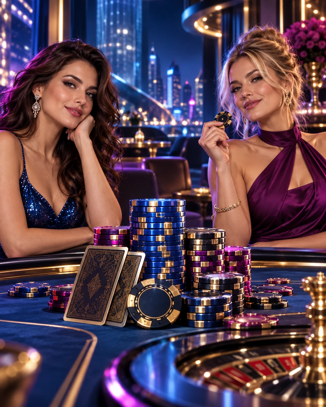 Elegant casino gaming scene with colorful poker chips